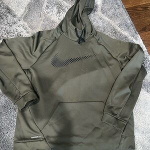 Nike Dri Fit Hoodie Mens XL Olive Green Fleece Lined Swoosh Logo Kangaroo Pocket